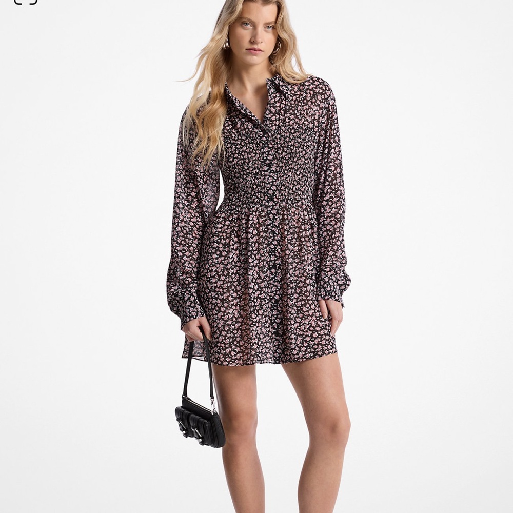 Michael Kors Black and Pink Smocked Sundress with Bishop Sleeves